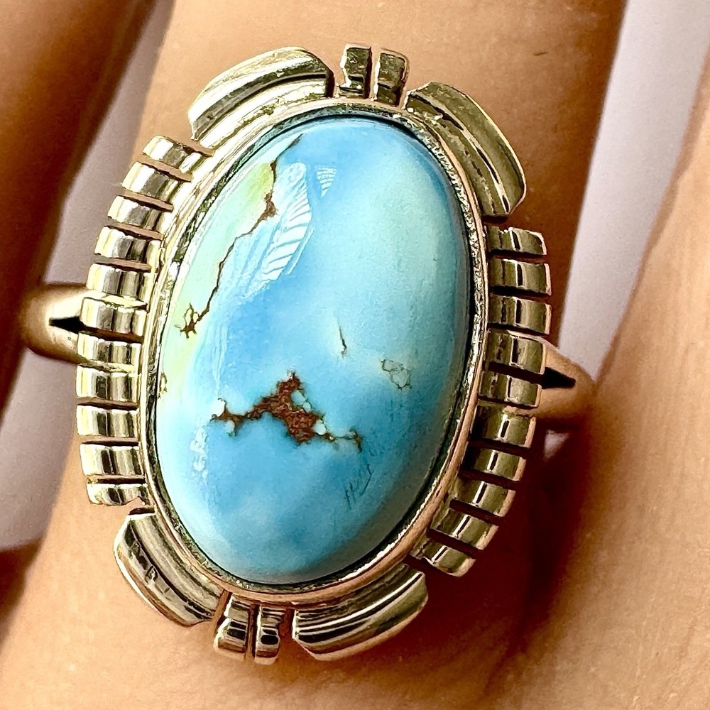 Navajo Blue Golden Hills Turquoise Ring Sz 9 Sterling‎ Norvin Johnson Shine